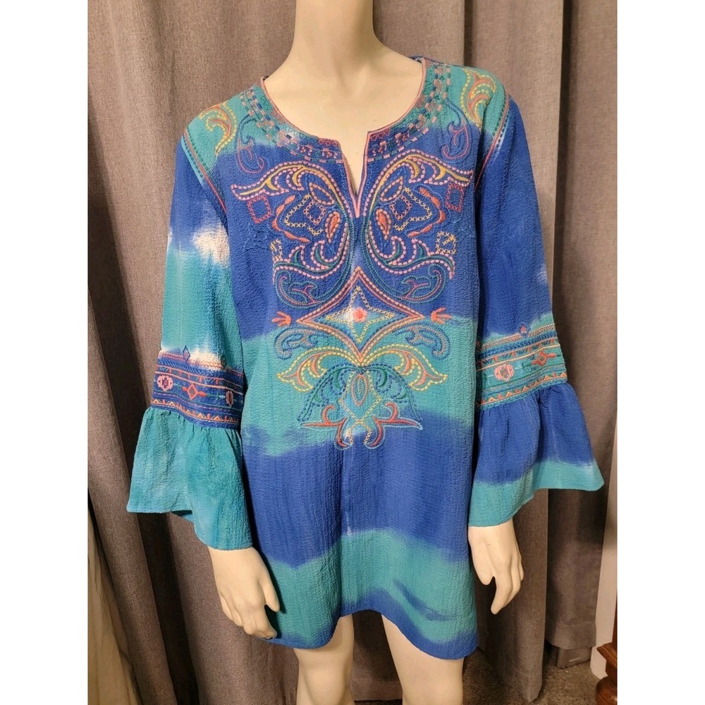 Tie Dye Celestial Hippie Artsy Calessa‎ Tunic Top Bell Sleeves Embroidered 1X